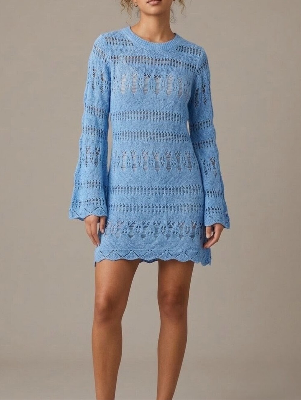 Boho Cornflower Blue Crochet Knit Bell Sleeve Mini Dress / Tunic Cover-Up Size S